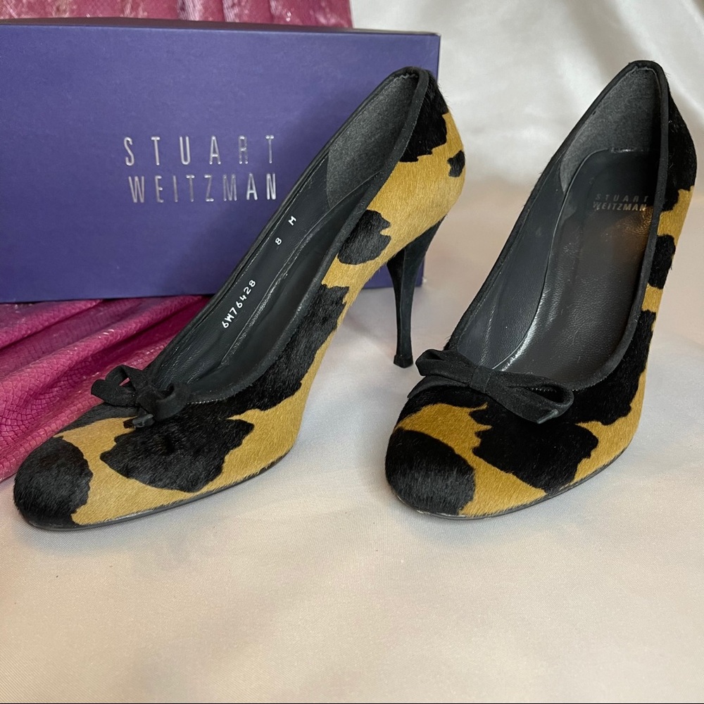 Stuart Weitzman cow print fur heels